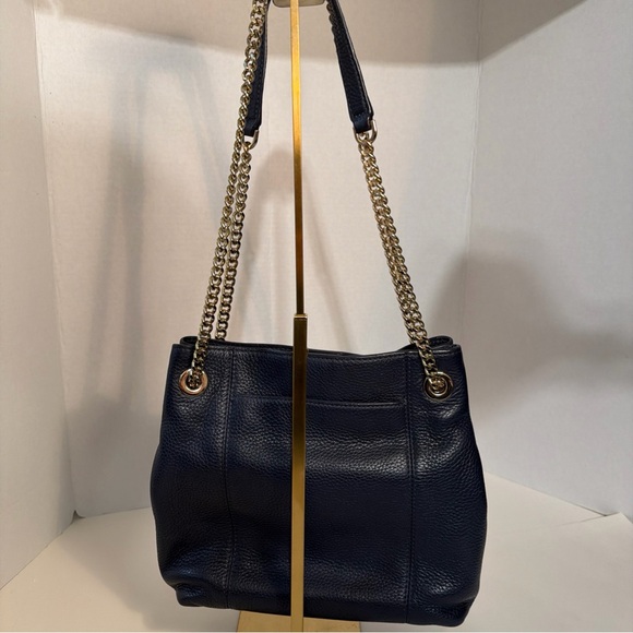 Michael Kors Navy Blue Leather Shoulder Bag w Gold Chain/Straps crossbody - Picture 3 of 13
